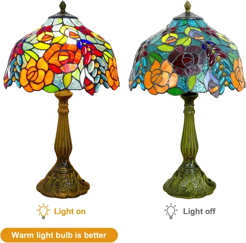 Vista 5 de Tiffany - Lámpara de mesa estilo rosas multicolor, lámpara de mesa con vitrales de 12 pulgadas de alto de 19 pulgadas, mesita de noche, mesita