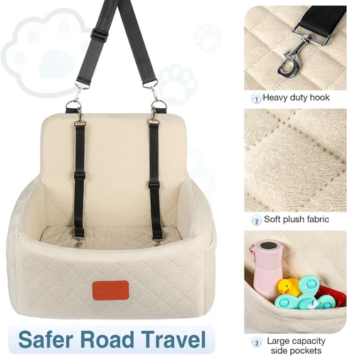 Vista 4 de WOOAIDAGG Asiento de coche para perros de menos de 30 libras, relleno cómodo de tela con espuma viscoelástica, cama de viaje para mascotas lavable