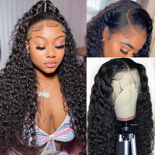 Vista 14 de Pelucas de encaje frontal sin pegamento con onda de agua para mujer, cabello humano 180 de densidad, cabello virgen brasileño sin procesar