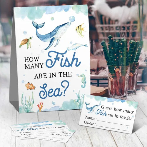 Vista 2 de Guess How Many Fish in the Sea Mermaid Party Game ,How Many Candy Sharks Game， Watercolor Ocean Themed Baby Showers Decorations Game(1 Sign+50