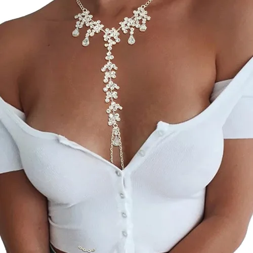 Vista 6 de Sujetador de diamantes de imitación, cadena de pezón, cadena de cristal en el pecho, lencería sexy, joyería de pezón, joyería de cuerpo rave