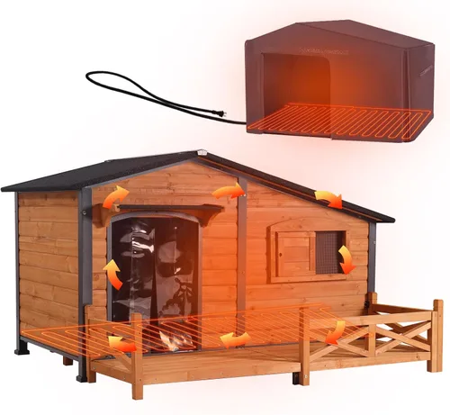 Vista 18 de Casa para Perros Exterior Perrera para Perros con Marco de Metal a Prueba de Masticación, Cuenco Giratorio para Alimentos, Cortina de Puerta de PVC