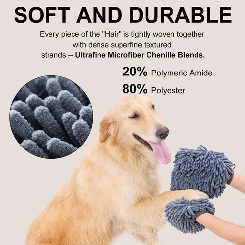 Vista 7 de Guantes de baño secos súper absorbentes para perros, de microfibra de chenilla, guantes de aseo para perros sucios, adecuados para todas las razas