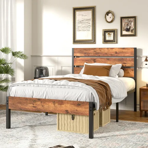 Vista 4 de VECELO Base de cama tamaño individual, plataforma de metal resistente con cabecera de madera, no necesita somier, color marrón antiguo