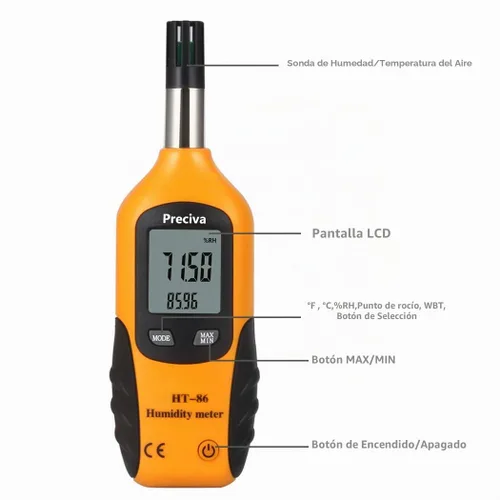 Vista 2 de Preciva Termohigrómetro digital psicómetro, mini medidor LCD de temperatura y humedad con punto de rocío y temperatura de bombilla húmeda