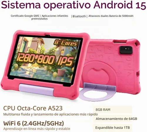 Vista 2 de Tabletas Android 15 – Tableta para niños de 10 pulgadas con funda, Octa-Core, 8 GB+64 GB de almacenamiento (expandible a 1 TB), cámara dual