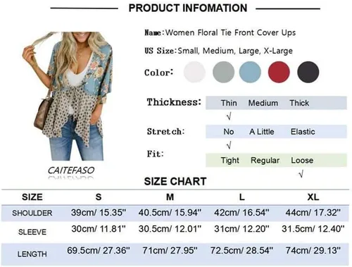 Vista 4 de Kimono Floral para mujeres estilo cárdigan, manga 34 con Volantes Ligero, Patchwork Flowy Boho Tie Loose Cover Ups