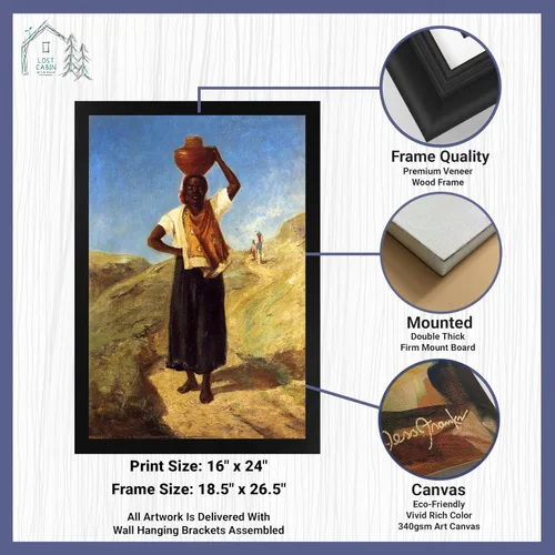 Vista 2 de Camille Pissarro - Mujer de cabina perdida que lleva una jarra en su cabeza Marco plano negro de lienzo Reproducción de pintura de obras de arte