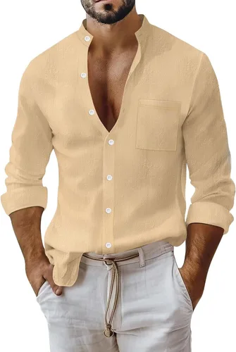 Vista 17 de Camisa de lino de algodón para hombre, manga larga con botones, cuello alto con bandas para playa y verano
