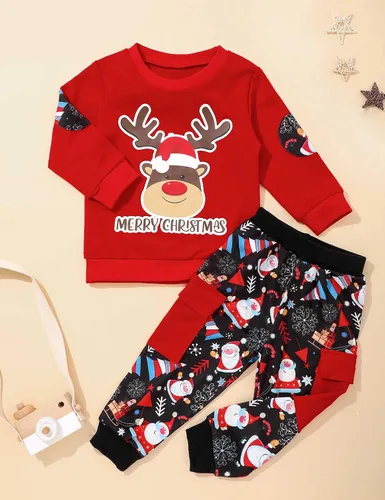 Vista 6 de MIGU Conjunto de 2 piezas de pantalones largos de manga larga con ciervos navideños para niño pequeño