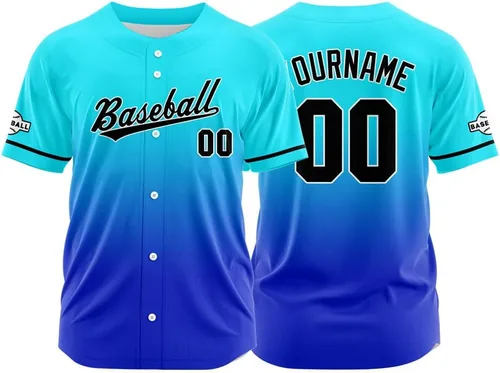 Vista 39 de Camiseta de béisbol con degradado personalizado, nombre, número y logotipo personalizados para hombres, mujeres y niños