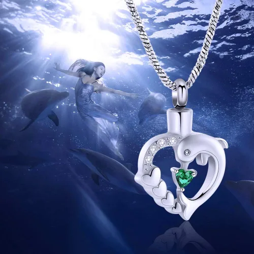 Vista 2 de Yinplsmemory Collar de urna de corazón de delfín para cenizas para mujer, colgante de urna de corazón de cristal, collar de recuerdo de cenizas