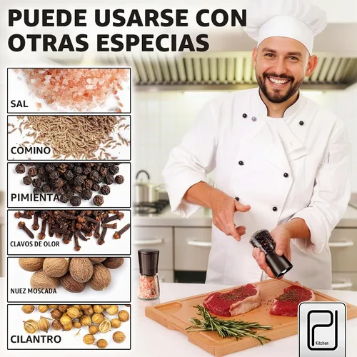 Vista 4 de Juego de molinillo de sal y pimienta premium, soporte de bambú, 5 onzas PJC-Kitchen S&P Molino para especias: recargable, acabado inoxidable, grosor