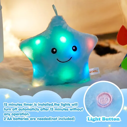 Vista 2 de WEWILL Almohada de felpa suave con estrella brillante LED de 9'' de la marca Wewill, almohada de peluche con luz estelar iluminada con luces