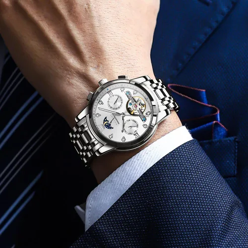 Vista 3 de OLEVS Reloj automático (no requiere batería) Relojes de pulsera para hombre, relojes mecánicos de cuerda automática, reloj clásico de esqueleto