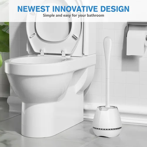 Vista 6 de Juego de 2 cepillos de inodoro con soporte ventilado y mango largo ergonómico, cerdas duraderas para limpieza de baño (blanco)