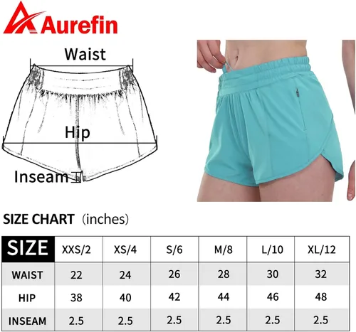 Vista 7 de Aurefin Pantalones cortos de correr para mujer, pantalones cortos deportivos ligeros con forro de malla y bolsillo con cremallera, pantalones cortos