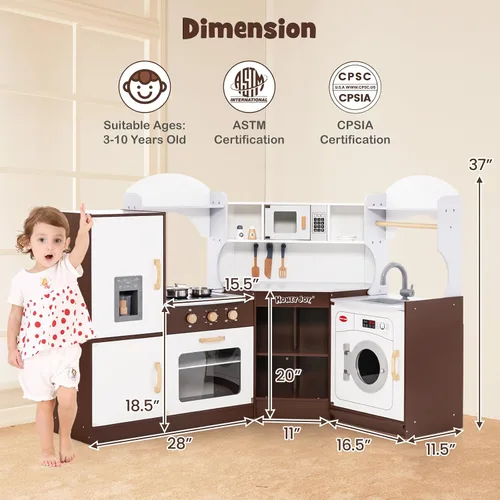 Vista 9 de HONEY JOY Juego de Cocina de Esquina para Niños, Cocina de Juego de Madera Definitiva para Niños Pequeños, Lavadora, Máquina de Hielo, Fregadero