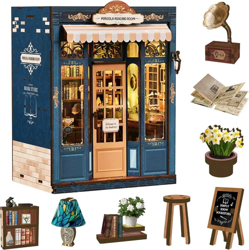 Vista 10 de Kit de rincón de libros en miniatura para casa de muñecas, rompecabezas de madera 3D con luz, decoración de estantería de casa pequeña, construcción