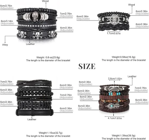 Vista 7 de KISS WIFE Pulsera de cuero para hombre, 4 paquetes de pulseras punk, pulsera trenzada de poliuretano, pulsera de cráneo, esqueleto, rock, emo