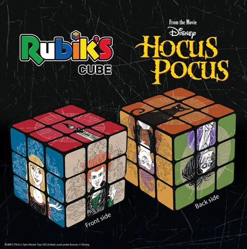 Vista 3 de Disney Hocus Pocus Rubik's Cube Cubo coleccionable de rompecabezas con personajes – Winifred, Sarah, Mary, Binx, Billy Butcherson y Black Flame