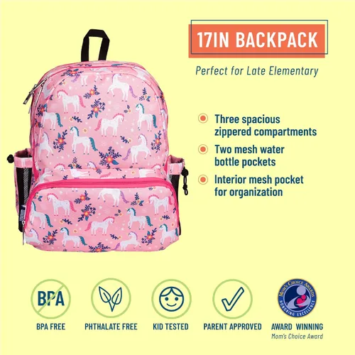 Vista 2 de Wildkin Mochila infantil de 17 pulgadas para niños y niñas, perfecta para la escuela primaria tardía, cuenta con tres compartimentos con cremallera