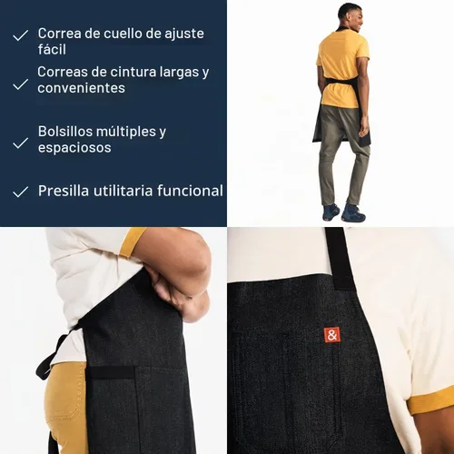 Vista 4 de hedley & bennett Delantal esencial - Delantal de chef profesional con bolsillos y correa ajustable para cocinar y asar a la parrilla Abulón Negro