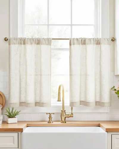 Vista 59 de Jinchan - Cortinas de cocina de lino rústico beige con bolsillo para barra, 26 x 36 pulgadas, 2 paneles