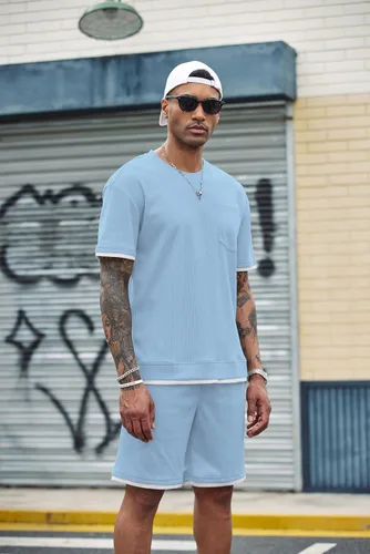 Vista 81 de COOFANDY Conjunto de camisa y pantalones cortos de gofre para hombre, conjunto de 2 piezas, conjunto casual de verano con bolsillos