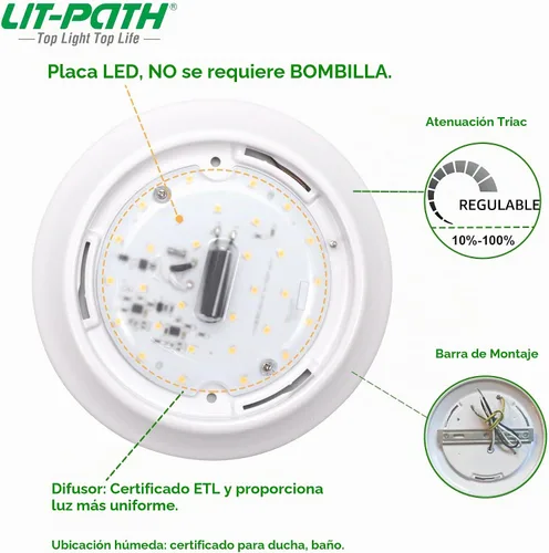 Vista 3 de LIT-PaTH lámpara LED de techo de montaje empotrado, regulable, 7 pulgadas, 11.5 W, 900 lúmenes, carcasa de aluminio más cubierta de PC 3000k
