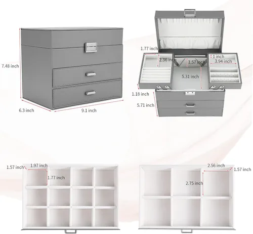 Vista 3 de Dajasan Caja organizadora de joyas, cajas de joyería para mujeres y niñas, 4 capas, caja de almacenamiento grande de joyería para aretes, anillos