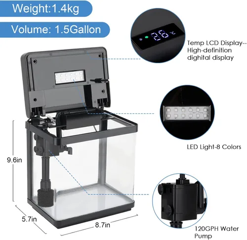Vista 2 de AQQA Kits de acuario de 1.5 galones de escritorio para pecera pequeña
