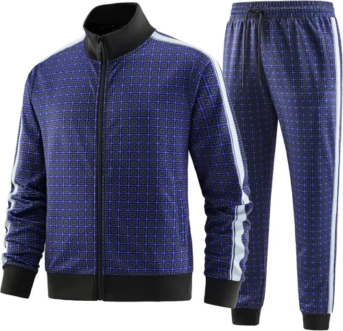 Vista 2 de W JIANWANG Conjunto deportivo a cuadros para hombre, conjunto de chándal deportivo para hombre, ropa deportiva