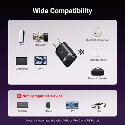 Vista 3 de UGREEN Adaptador Bluetooth USB-C para PS5, Adaptador de Audio Bluetooth 5.3 con APTX Baja Latencia y aptX-Adaptive, Transmisor de Audio Inalámbrico