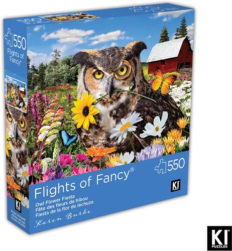 Vista 3 de Karen Burke - Rompecabezas de 550 piezas para adultos, fiesta de flores de búho, 24 x 18 pulgadas, rompecabezas de pájaro caprichoso de KI Puzzles