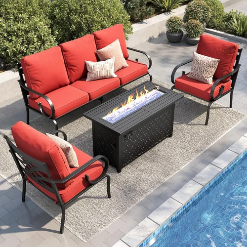 Vista 30 de PHI VILLA Patio Furniture Set with 4 Rocking Chairs & Fire Pit, Beige