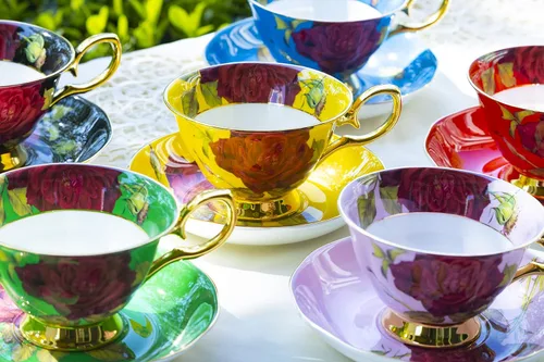 Vista 5 de Taza de té y platillo de porcelana de hueso rosa de tallo (negro)