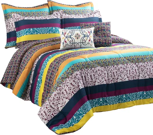 Vista 9 de Lush Decor Juego de edredón reversible de 7 piezas con rayas bohemias, tamaño King, color ciruela