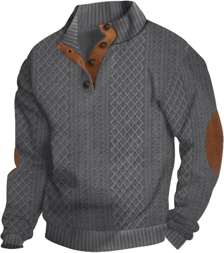 Vista 10 de Suéter de manga larga para hombre, casual, con botones de un cuarto, con cuello alto, sudadera con capucha