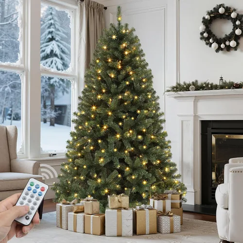 Vista 16 de GOOBED - Árbol de Navidad negro preiluminado de 6 pies con control remoto y 11 modos de luz Black Pre-Lit Spruce Hinged Artificial Halloween