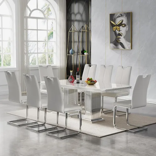 Vista 27 de 5 Piece Black Marble Dining Table Set for 4, Modern Faux Marble Kitchen Dining Room Tables with 4 Leather Chairs Set, 68.11" Luxury Rectangular