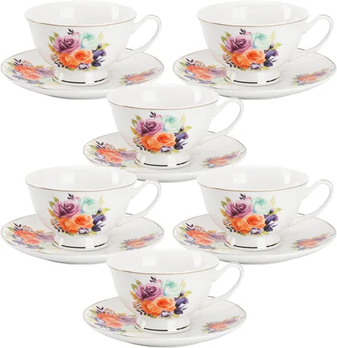 Vista 8 de BTaT- Tazas de té y platillos, diseño floral, juegos de tazas de té de porcelana, aptos para lavavajillas, juego de 4, 8 onzas, regalo del día