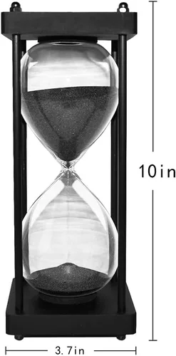 Vista 5 de Temporizador de reloj de arena de 60 minutos, marco de madera negro, temporizador de arena decorativo (arena negra, tamaño grande)