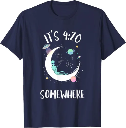 Vista 44 de Funny Weed Joint Smoking Moon Alien It's 4:20 Somewhere Camiseta, Negro, S