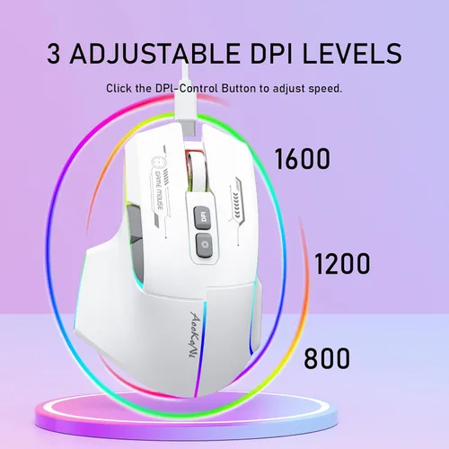 Vista 4 de Mouse inalámbrico para juegos, mouse ergonómico con 5 DPI ajustables hasta 7200, luces de respiración RGB, compatible con laptop, Chromebook, PC