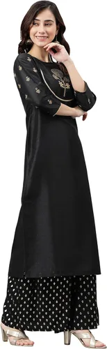 Vista 3 de Janasya Kurta de seda negra de poli para mujer india