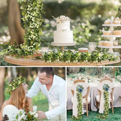 Vista 9 de Guirnalda de eucalipto con flores de 6 pies, paquete de 2 guirnaldas artificiales de eucalipto colgantes de verano adecuadas para mesa, boda, telón
