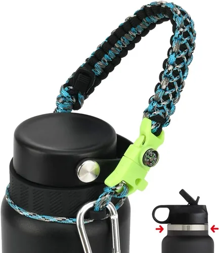 Vista 14 de Asa de cuerda de paracaídas para botellas Hydroflask 2.0 de boca ancha y estándar, con nuevo soporte de anillo de seguridad, 12oz - 64oz