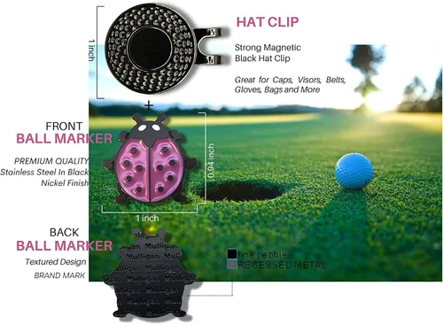 Vista 5 de Mulligan Hooligan - Marcador de pelota de mariquita + clip magnético para sombrero, regalo único de golf, buena suerte, calidad premium, perfecto