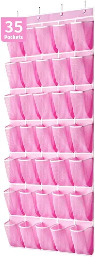 Vista 10 de SAVERHO Organizador de zapatos con 35 bolsillos sobre la puerta, organizador de zapatos colgante para puerta con 35 bolsillos de malla, bolsa